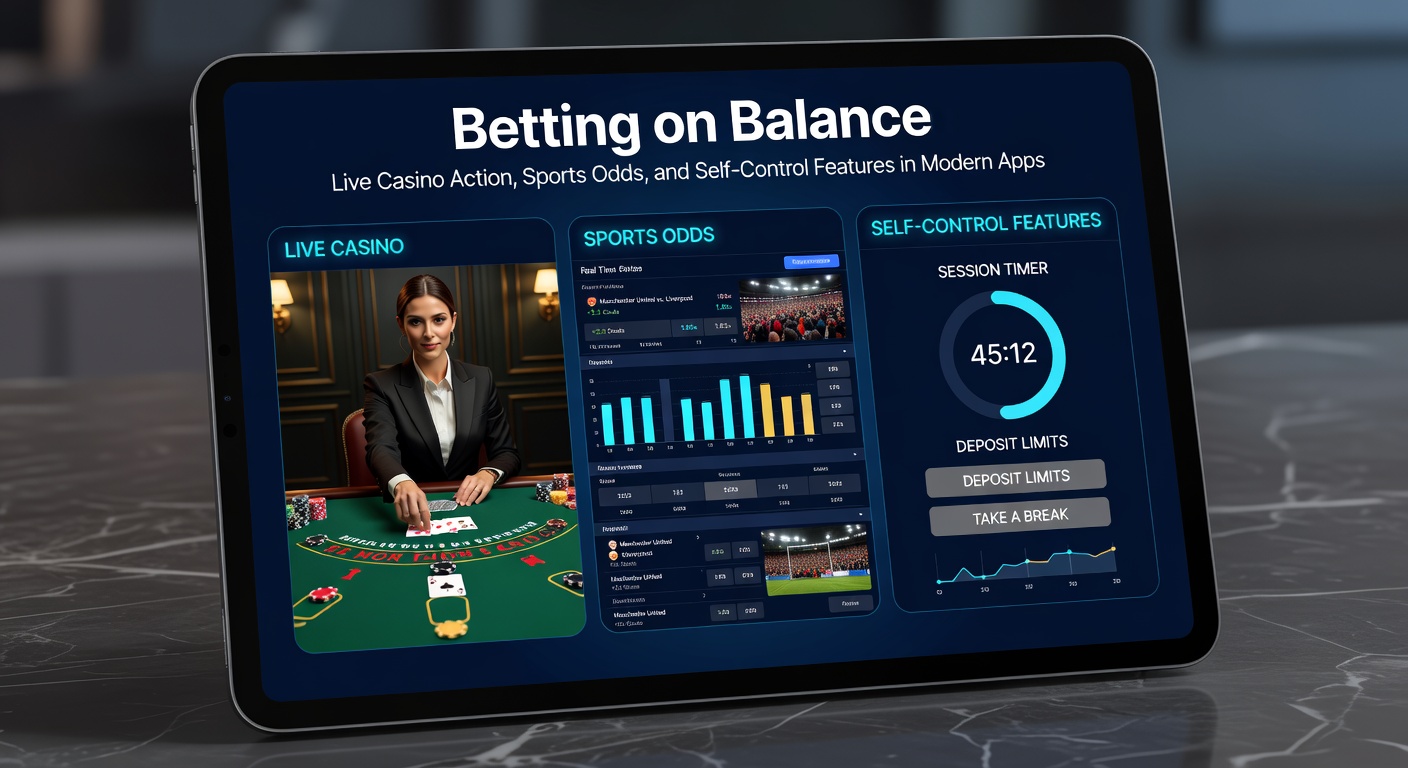 Scherm van een mobiele app met live casino tafel en sportweddenschappen odds naast zelfbeheersingsopties