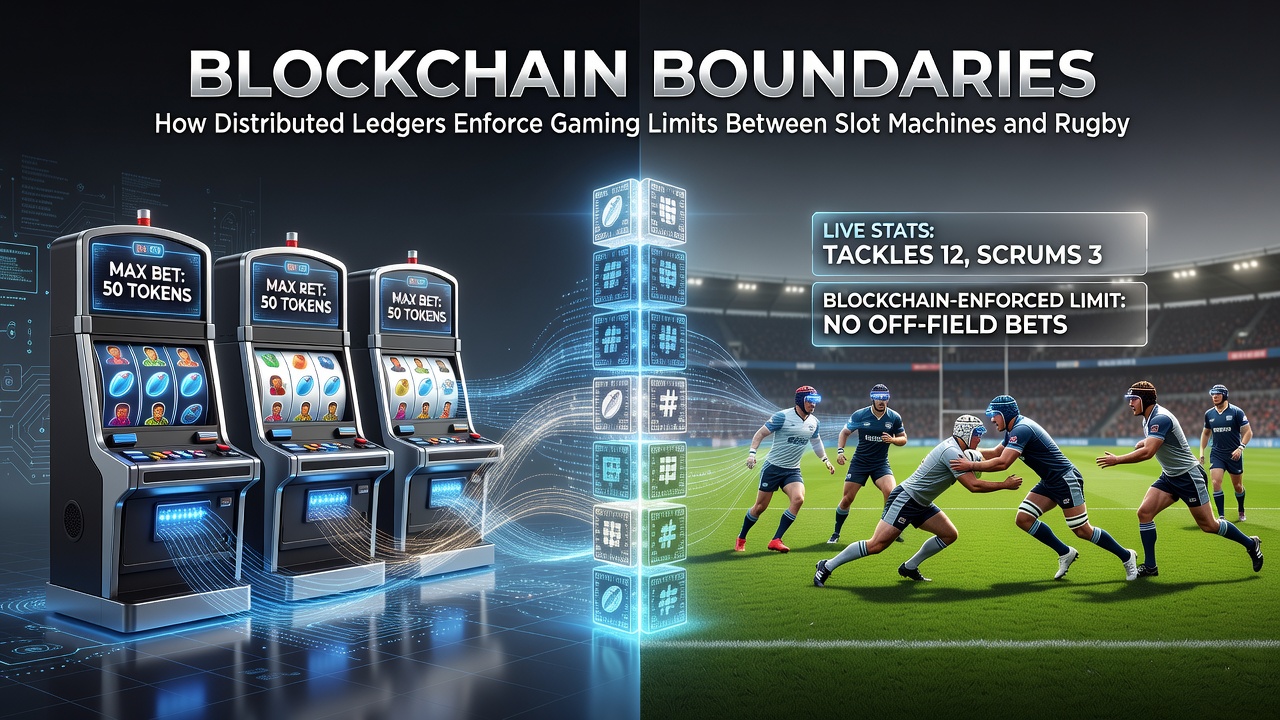 Mobiele app interface met blockchain validatie voor limieten tussen slots en rugby weddenschappen