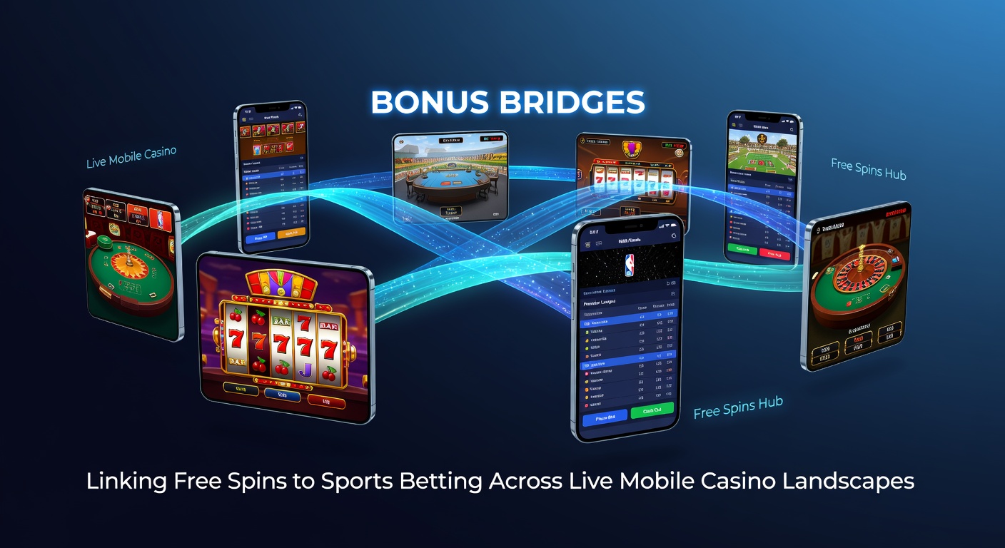 Visualisatie van een bonusbrug die free spins omzet in sportweddenschap-credits op een mobiel apparaat tijdens een live casino-sessie