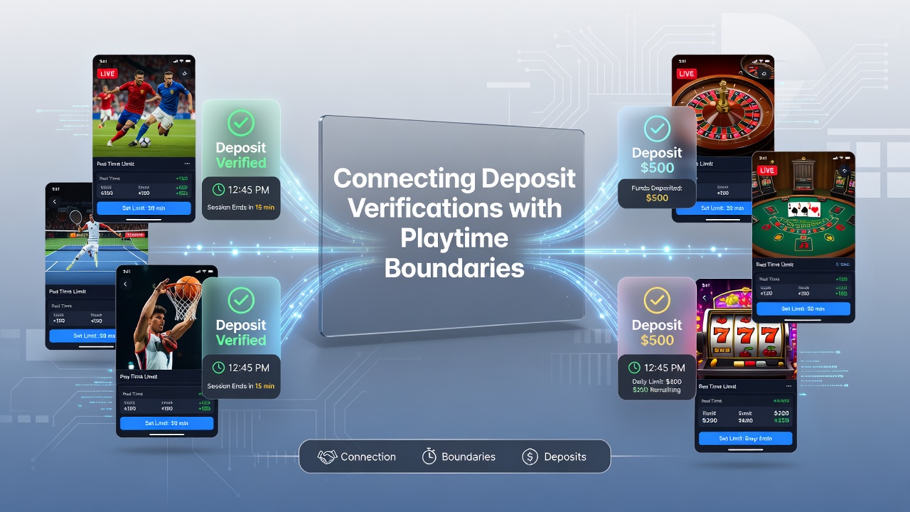 Mobiele app interfaces die stortingsverificatie en speeltijdlimieten weergeven in sport- en casinospellen