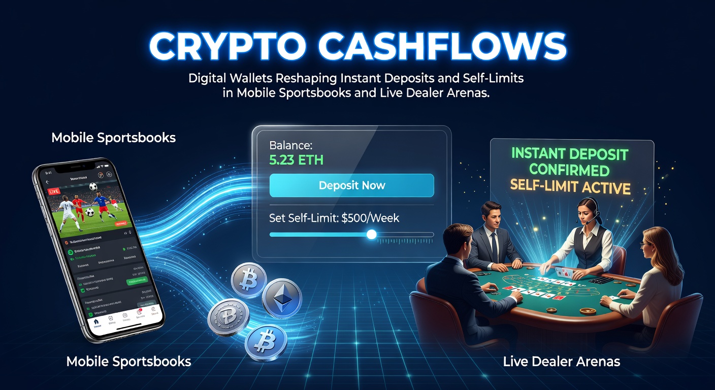 Digitale wallet op mobiel scherm met crypto-iconen en sportweddenschap-apps op de achtergrond, symboliserend snelle transacties in gokwereld