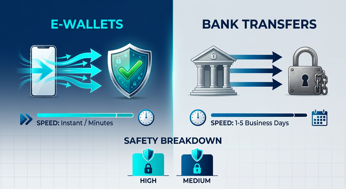 Grafiek die de snelheid van e-wallets en bankoverschrijvingen in online casino's vergelijkt, met pijlen voor transactietijden