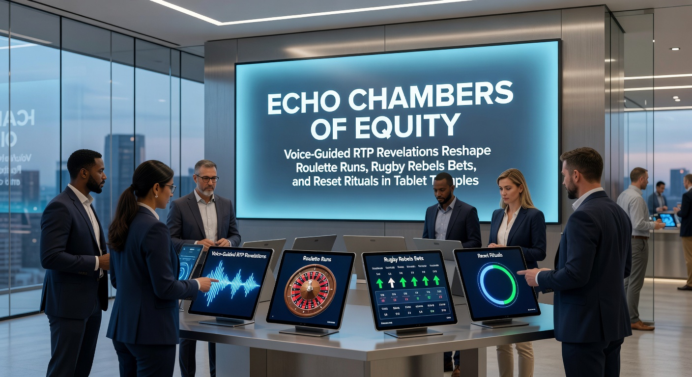 Afbeelding van een tablet met voice-guided interface die RTP-gegevens toont tijdens een roulette-sessie, omringd door symbolen van rugby en reset-knoppen