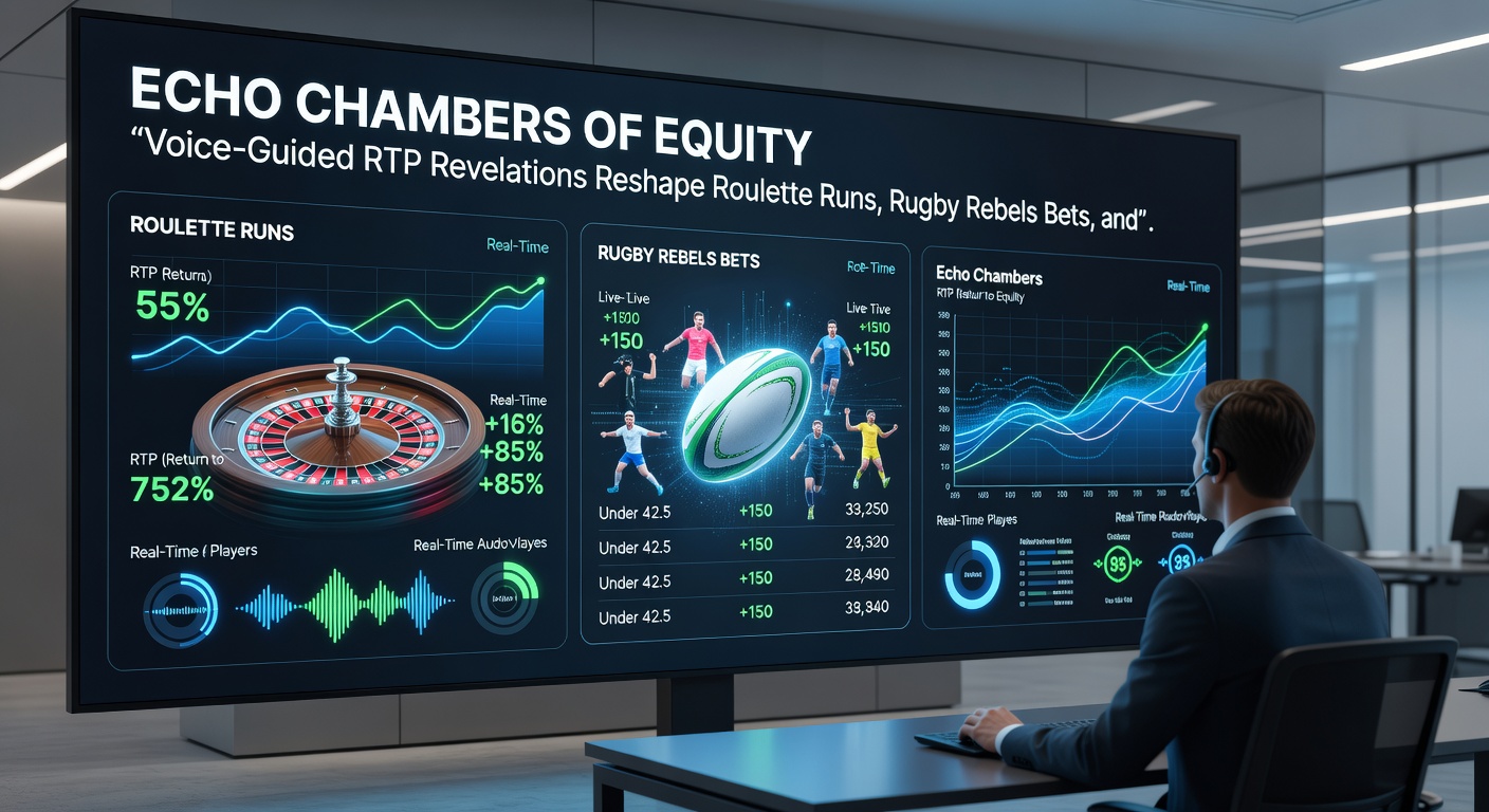 Tablet-scherm met voice-RTP overlay op een rugby wedbord, naast roulette wiel en reset-icoon, illustrerend equity in mobiel gokken