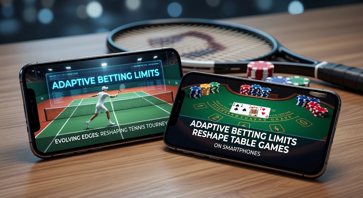 Smartphone met tennisweddenschap en adaptieve limietinterface, illustrerend dynamische grenzen tijdens een live toernooi
