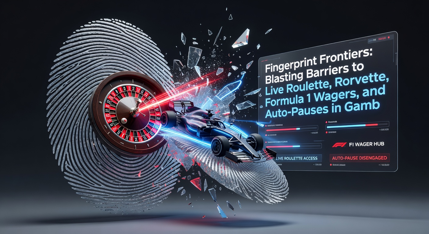 Afbeelding van een vingerafdruksensor op een telefoon die een Formule 1-wedstrijd en auto-pauze-functie activeert in een gokapp, met live roulette-elementen