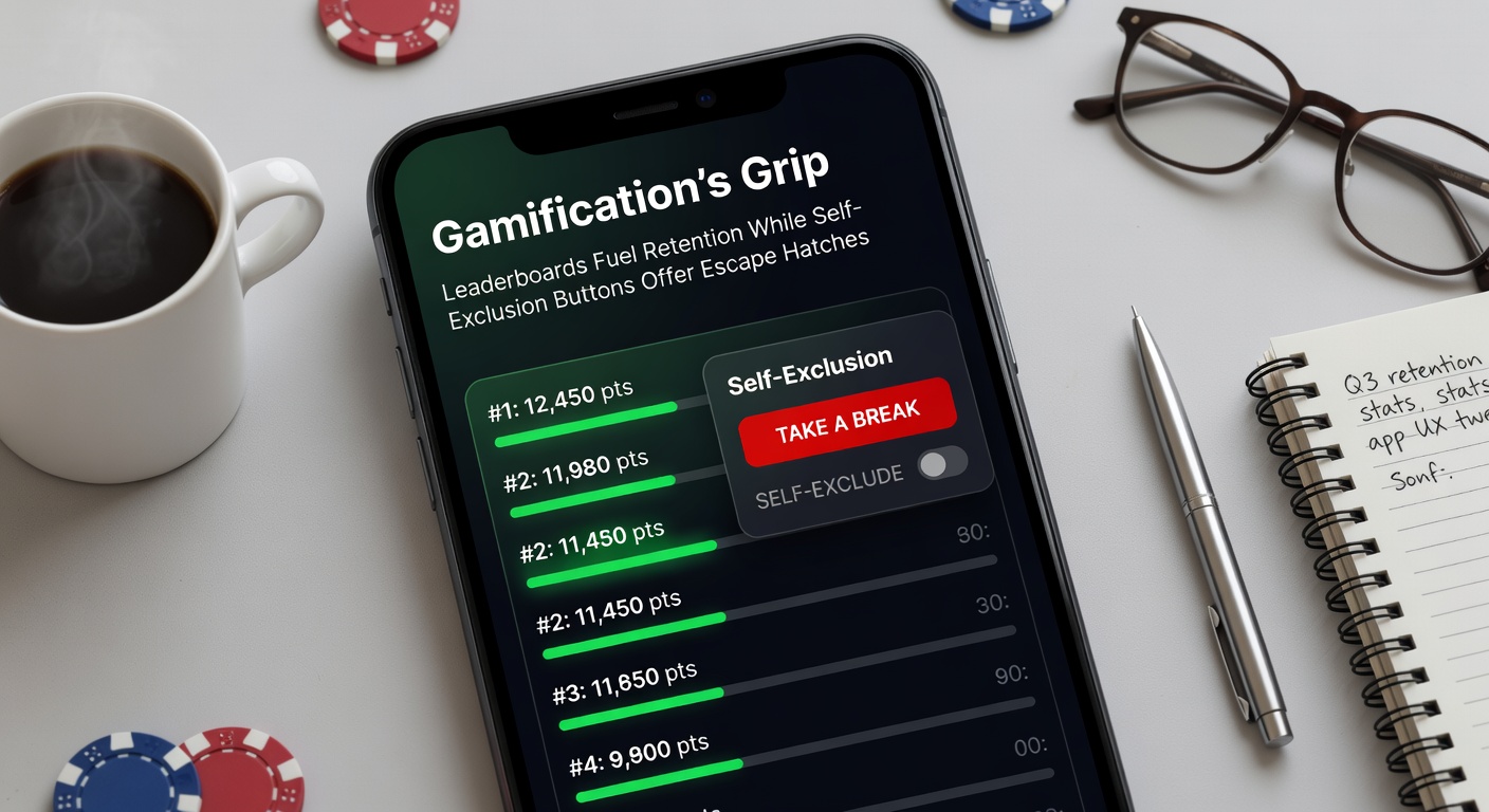Dynamische leaderboard in een mobiele goksapp met spelersranglijsten en zelfuitsluitingsopties zichtbaar