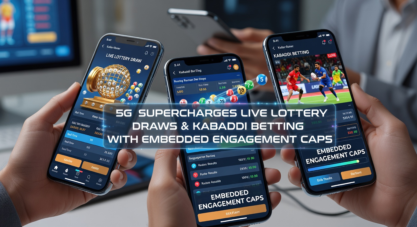 Smartphone met 5G-signaal toont live loterijtrekking en kabaddi-wedstrijd met limiet-indicatoren op het scherm
