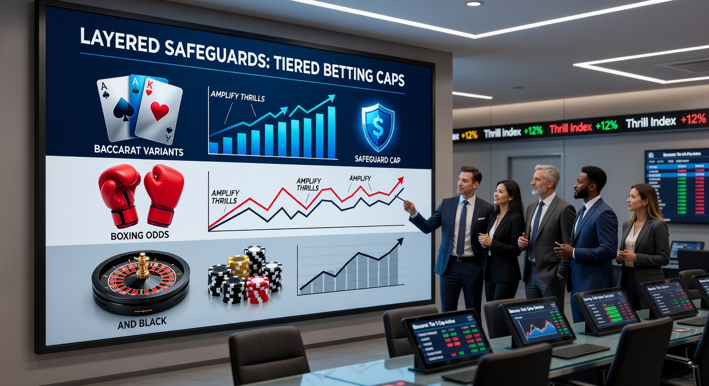 Dynamische boksweddenschappen interface met tiered limietindicatoren, naast blackjack en baccarat elementen op een smartphone en laptop
