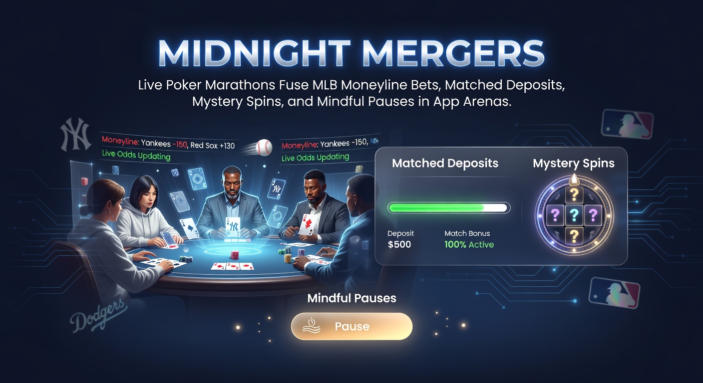 Schermafbeelding van een mobiele app met live poker tafels, MLB weddenschappen en draaiende slots tijdens een nachtsessie