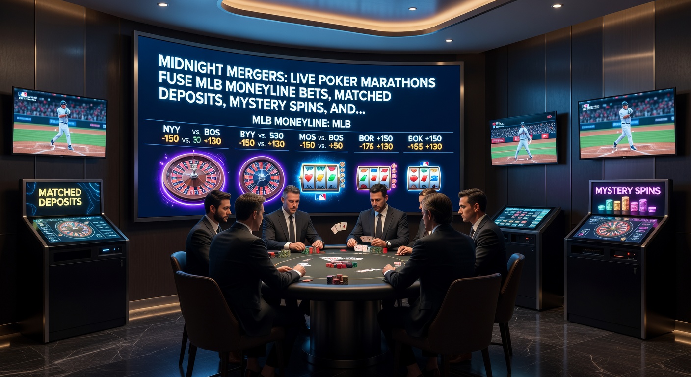 Dynamische app-interface met poker kaarten, baseball odds en een mystery spin wiel tijdens een middernacht marathon