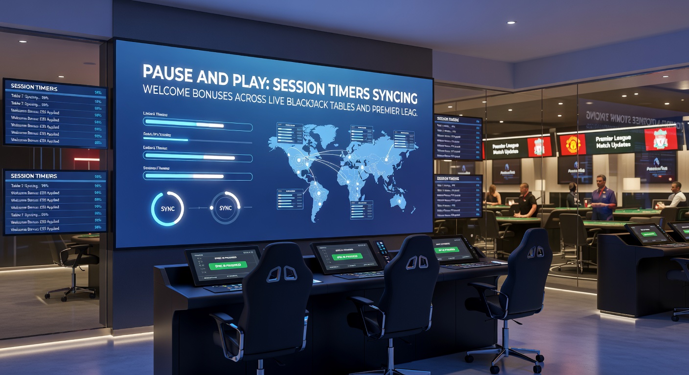 Close-up van een iPhone-scherm met actieve sessietimer, welkomstbonus-tracker en live odds voor een Premier League-wedstrijd naast een blackjack-tafel