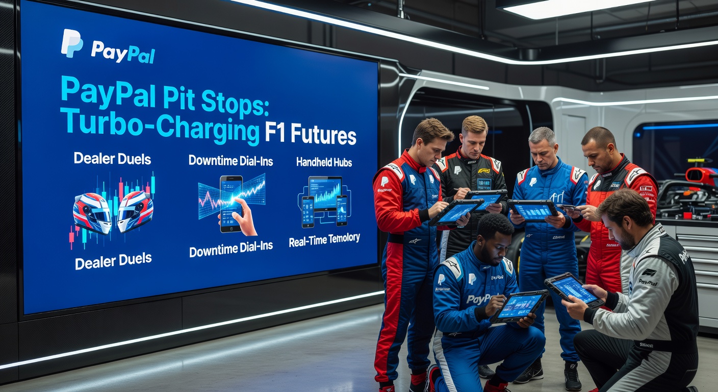 PayPal-logo geïntegreerd met Formule 1-auto's en mobiele gokschermen, symboliserend snelle transacties in races en weddenschappen