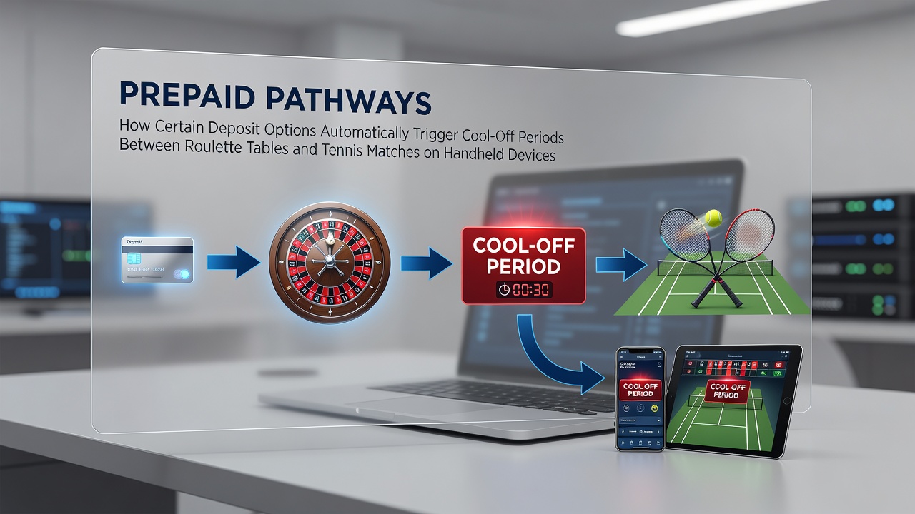 Prepaid deposit pathways triggering cool-off periods in mobile gambling apps showing roulette and tennis interfaces on handheld devices