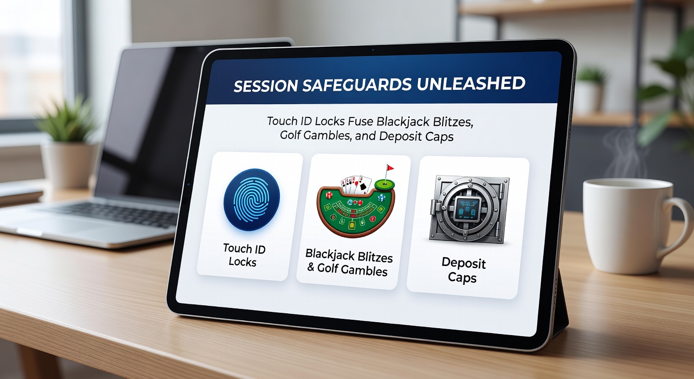 Grafiek met sessietijdstatistieken naast een Touch ID-sensor op een telefoon, met iconen voor blackjack-kaarten, golfballen en een limietmeter