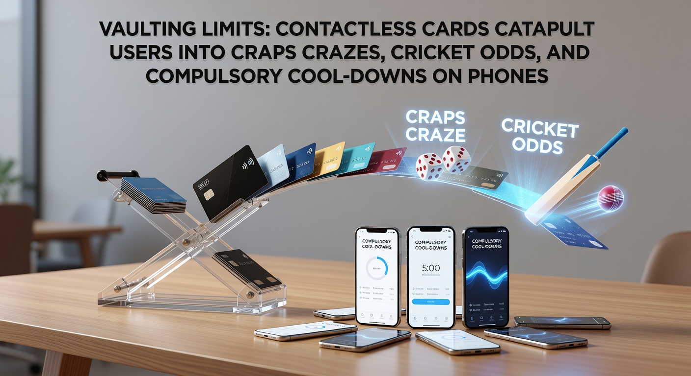 Contactloze kaart bij een smartphone met craps-spel en cricket-weddenschappen zichtbaar op het scherm