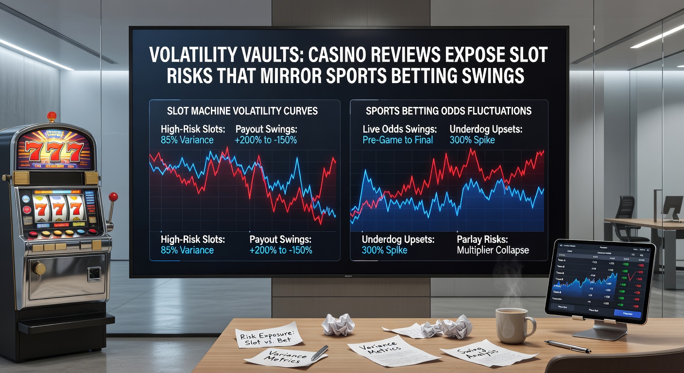 Schermafbeelding van een casino-review site met volatiliteitsscores voor slots naast sportodds grafieken