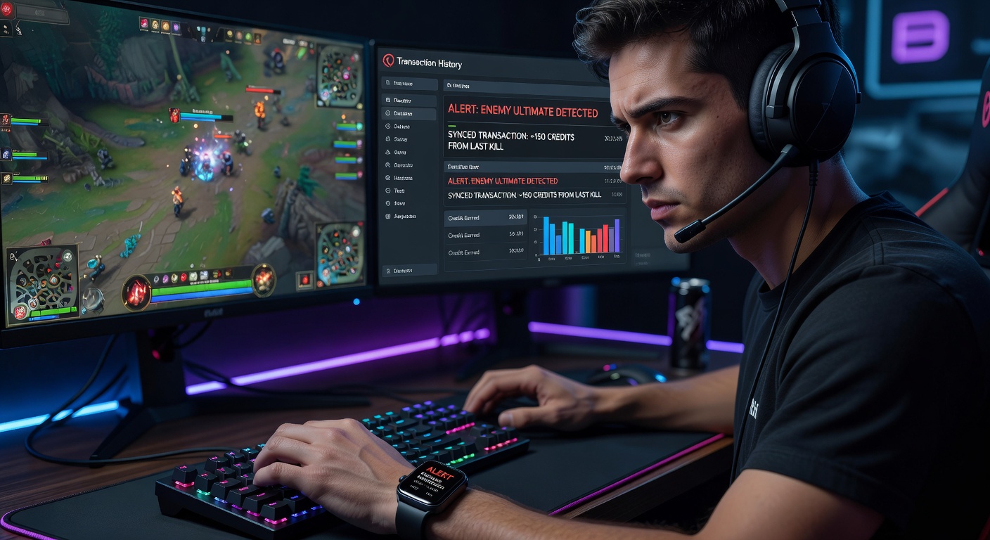 Smartwatch interface die real-time transacties en fysieke metrics toont tijdens een gaming sessie