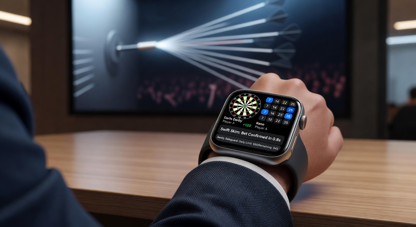 Smartwatch met darts-wedstrijd en Keno-interface op het scherm, symboliserend naadloze wearable betting