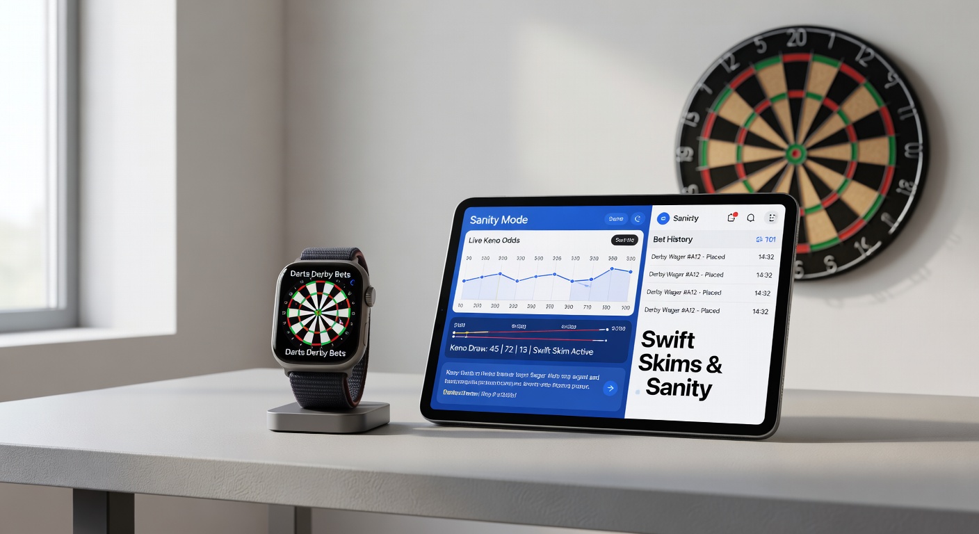 Gebruiker zet in op Keno via smartwatch tijdens darts-wedstrijd, met safeguards-indicatoren zichtbaar