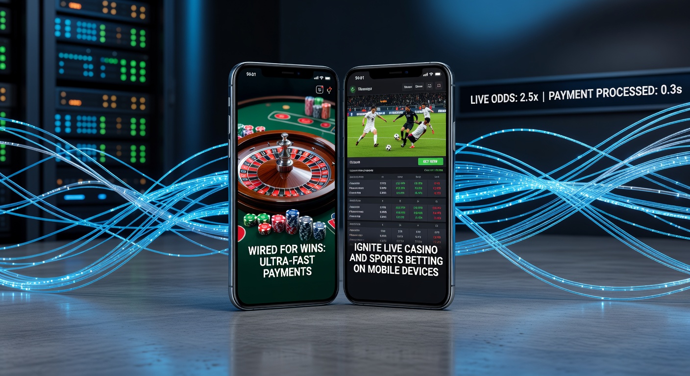 Smartphone met live casino app en bliksemsnelle betaaliconen die een sportwedstrijd en roulettetafel tonen